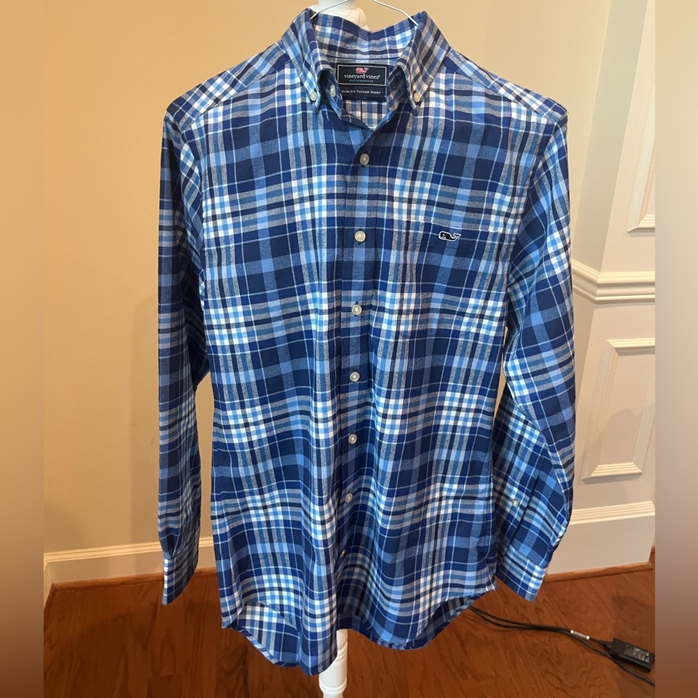 Vineyard Vines Performance Mens Blue Plaid Long Sleeve Slim Fit Tucker Shirt-S